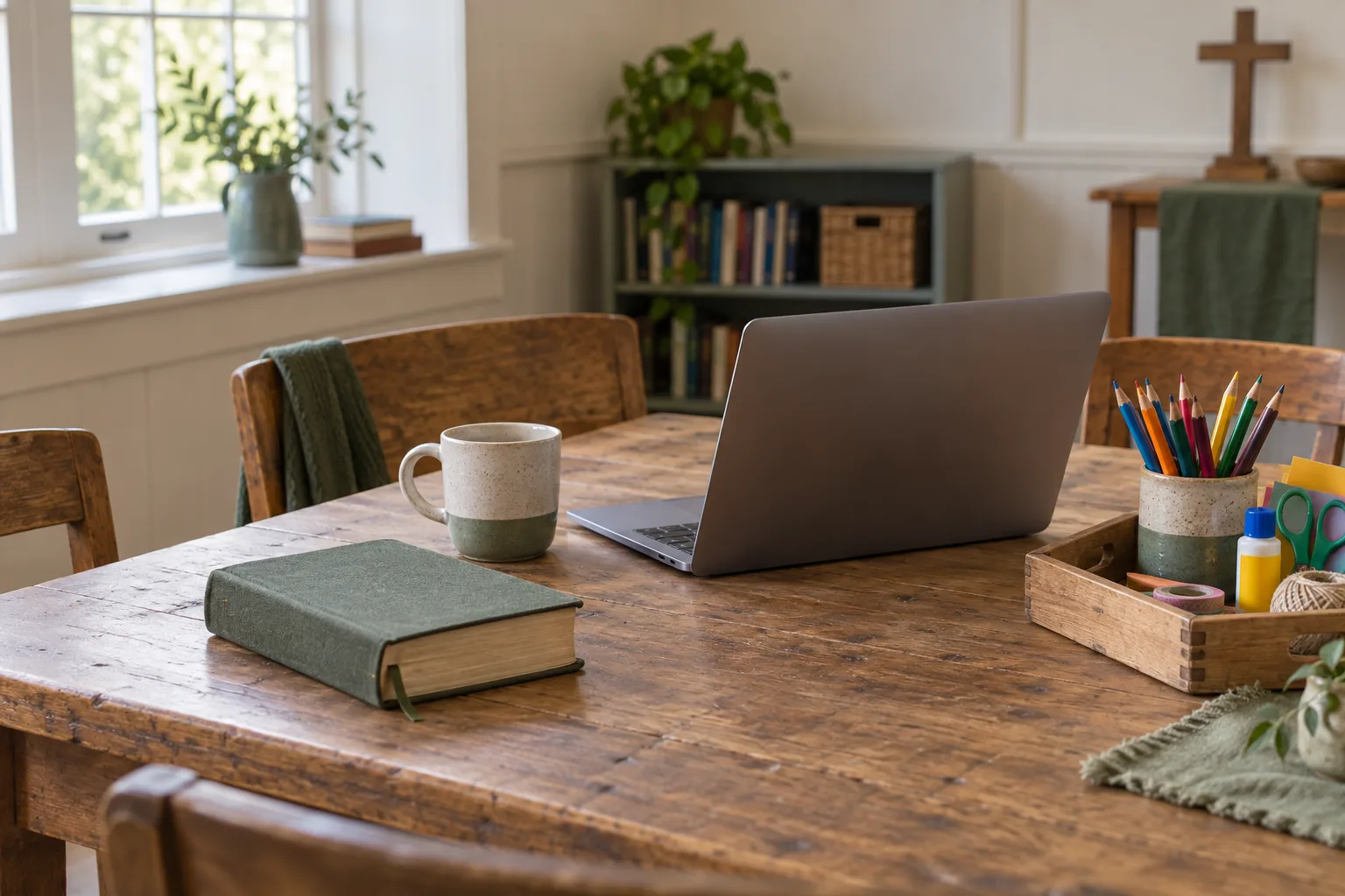A laptop, Bible and activity supplies on a ministry preparation table